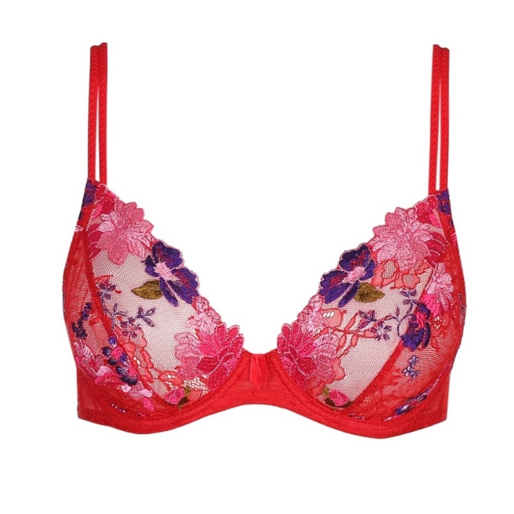 Marie Jo European red with festive pink purple flowers bra 34F
